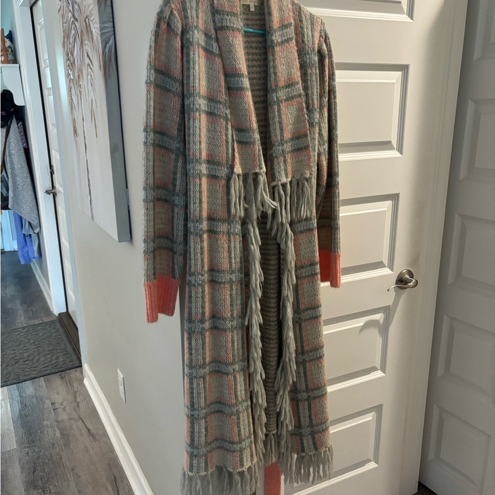 LoveShackFancy Multicolor Plaid Cardigan with Fringe